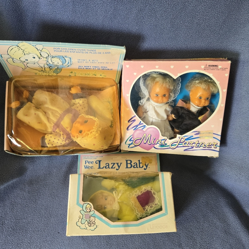 Peewee/ Uneeda Drinks & Wets Lazy Baby Baby Doll & Mini Partner Dolls NIB